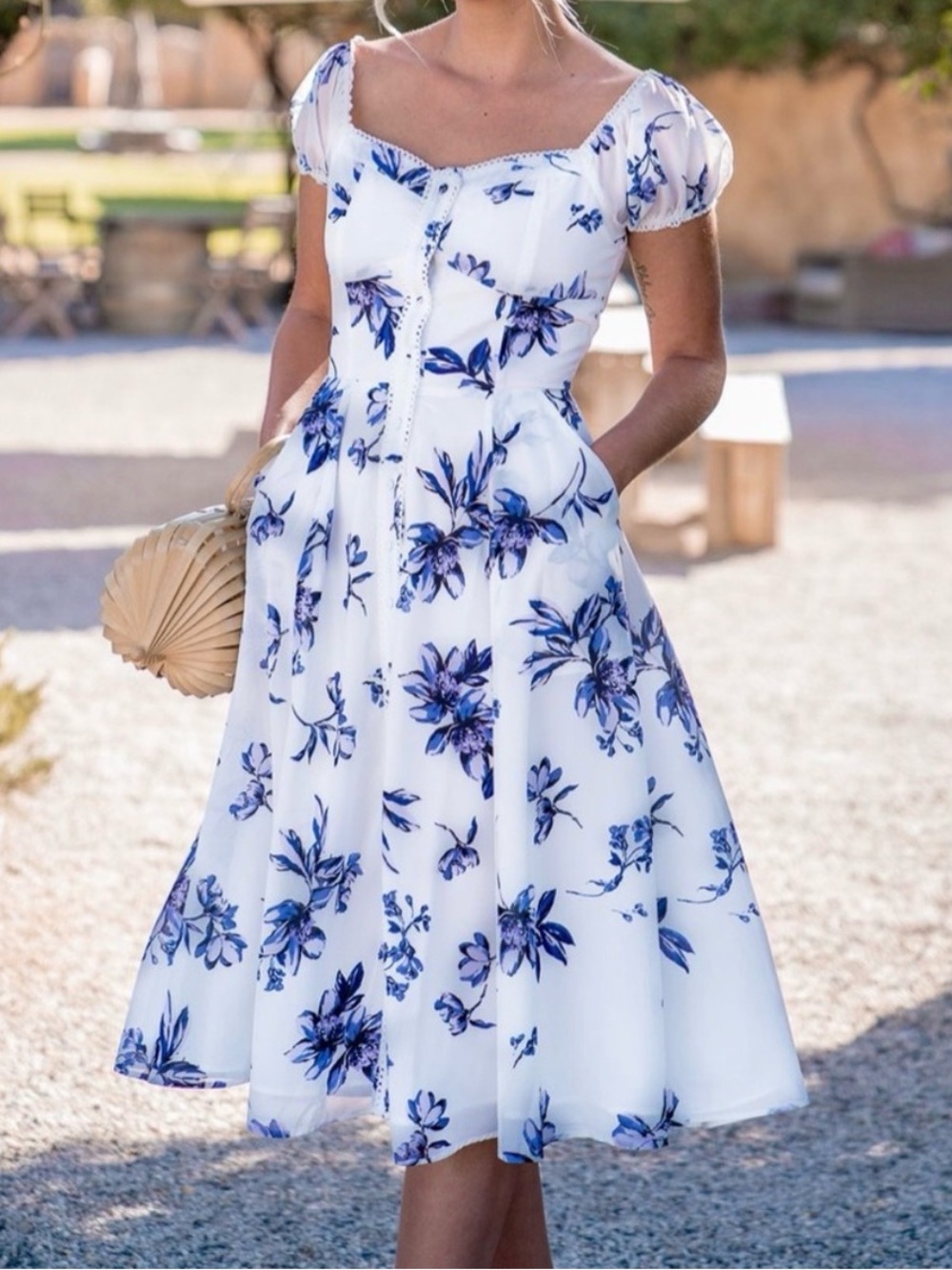 Yumi Kim Mercer Street Elegant Blue/white Floral Midi Dress  XXS party flowy